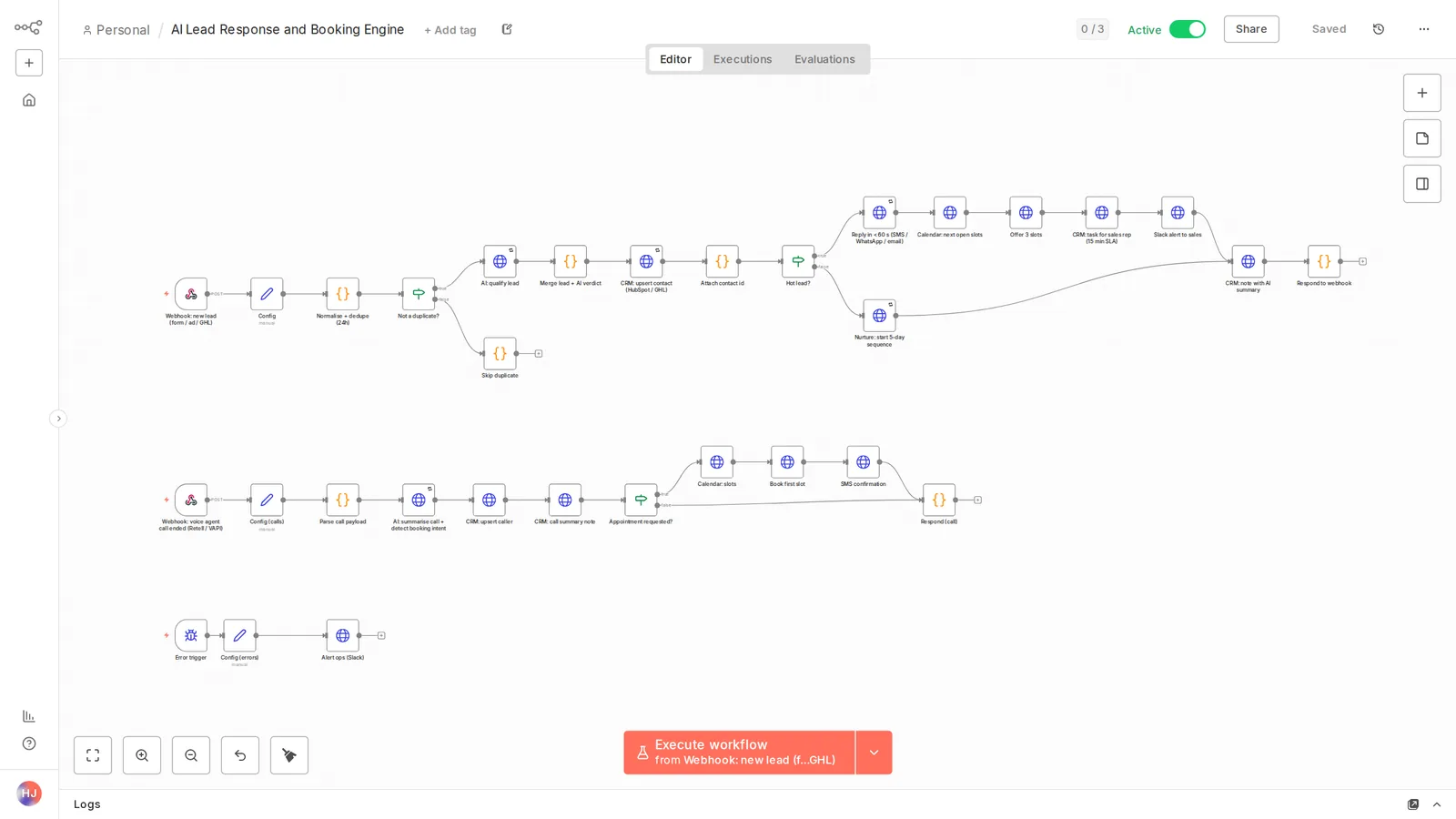 Workflow canvas: lead webhook, duplicate guard, AI qualification, CRM, hot and nurture paths, voice agent branch.