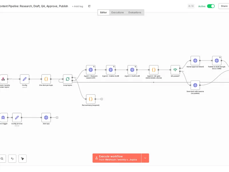 Multi agent content pipeline with a QA gate and human approval