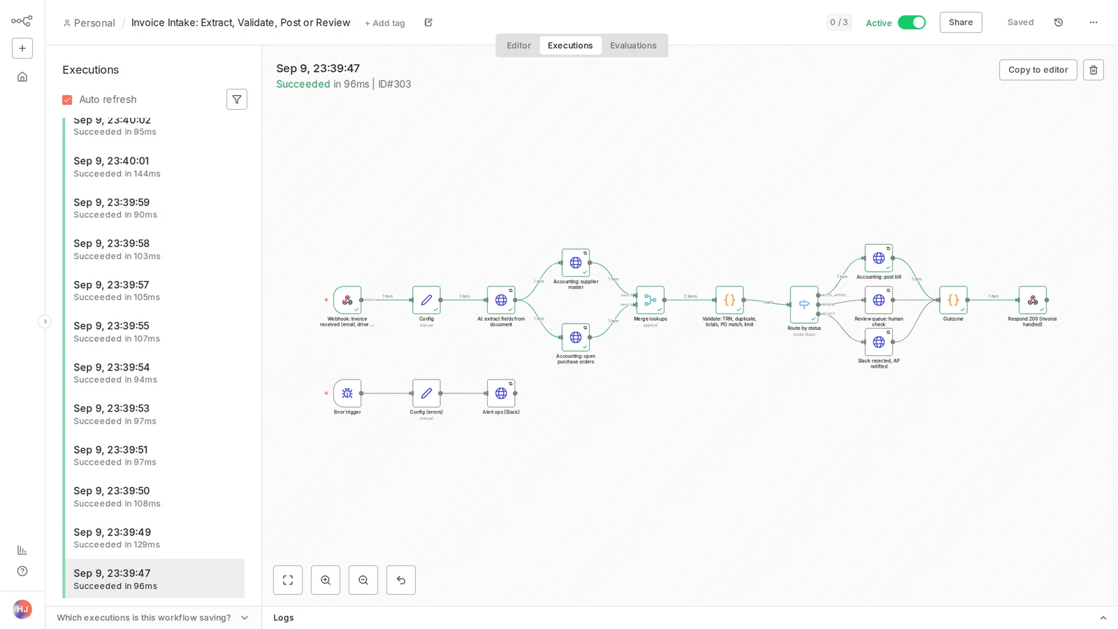 Clean invoice matched to a purchase order: posted to the ledger automatically.