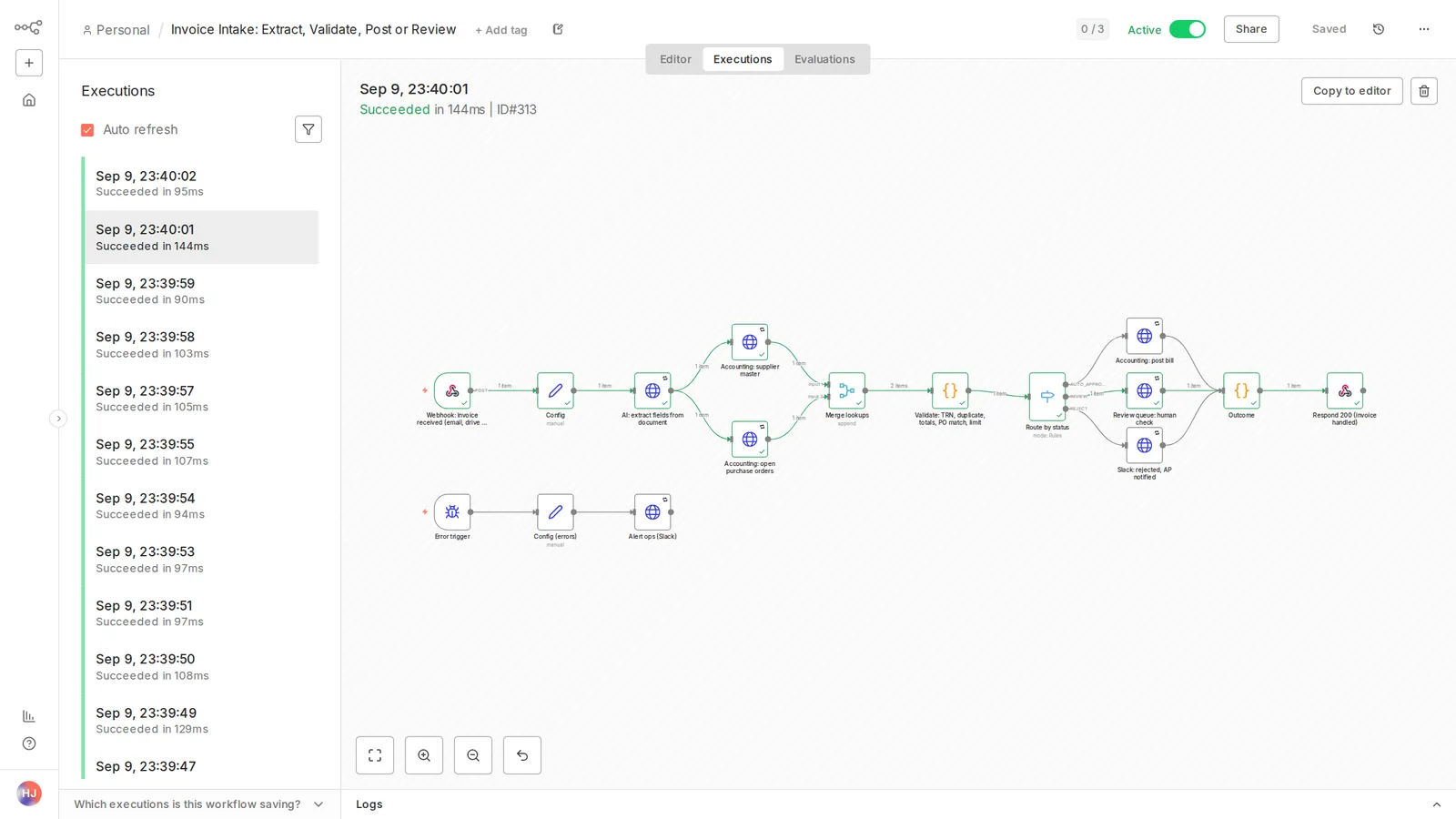 Invoice over the auto approve limit with no PO: queued for a human with the reason.
