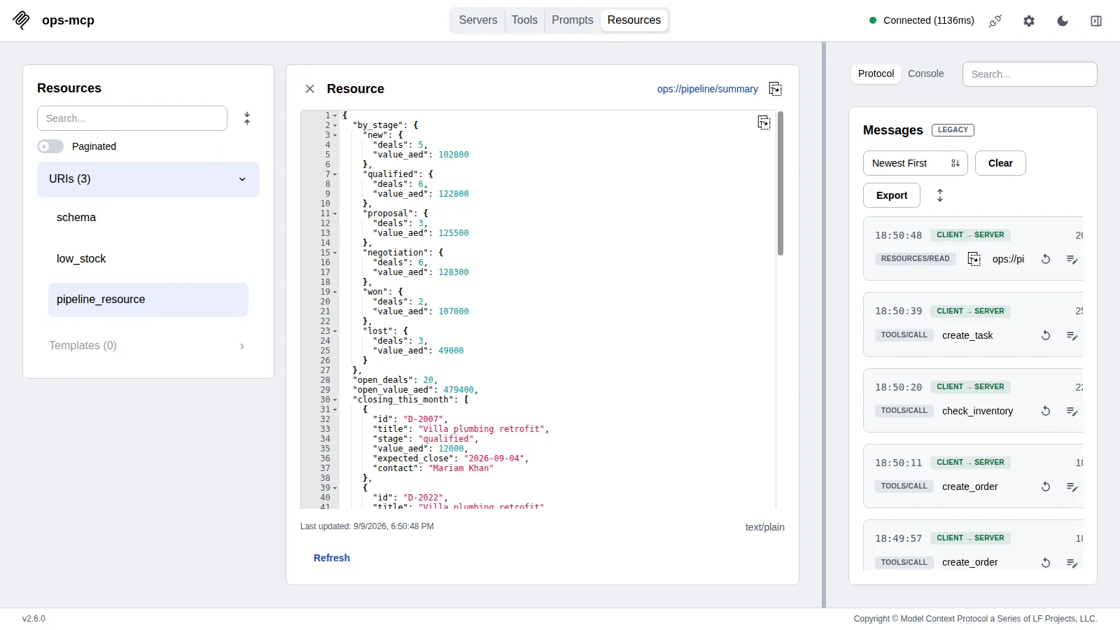 Pipeline resource: deals by stage, open value and deals closing in 30 days, readable by the model.