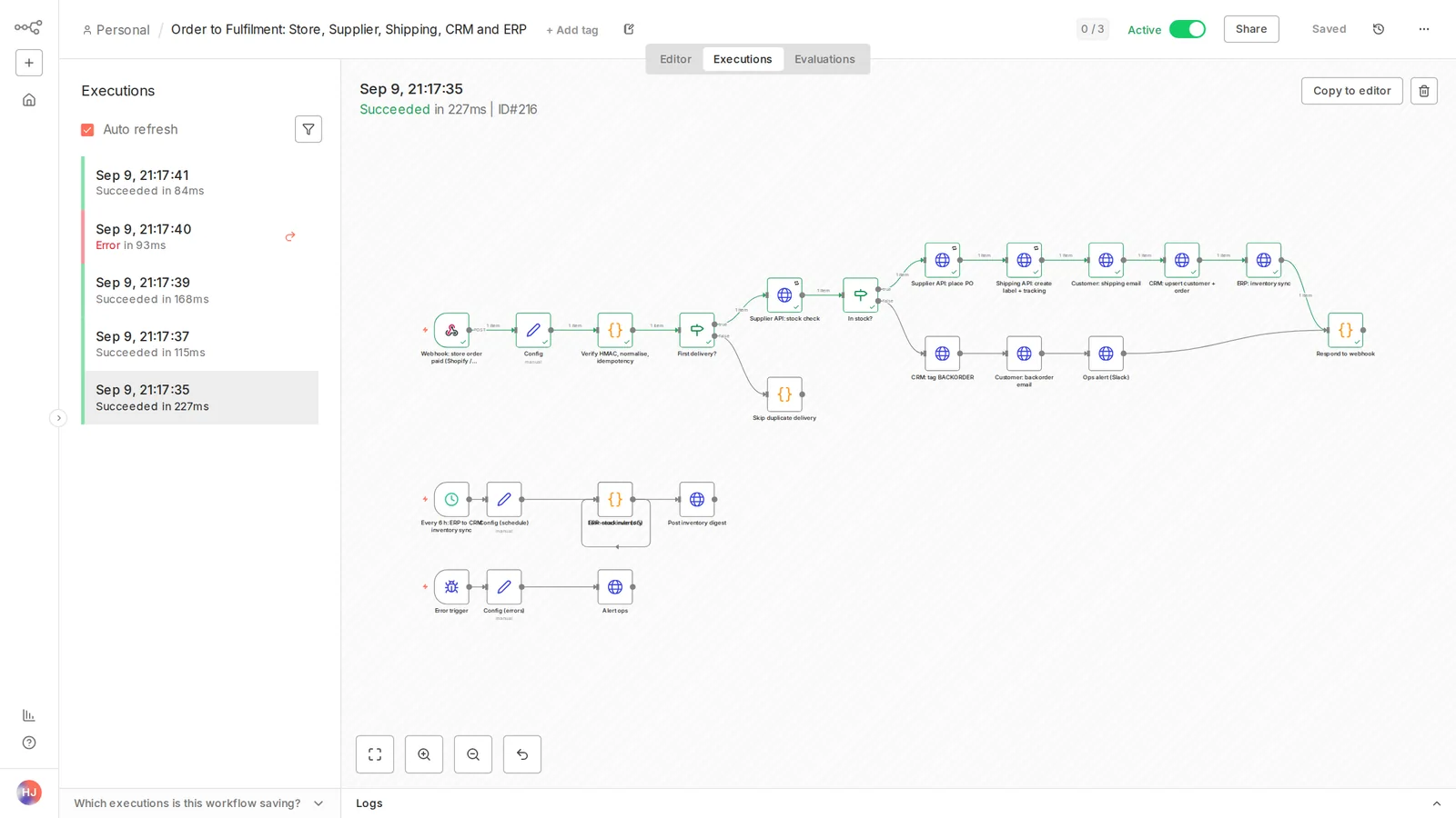 In stock order: purchase order, shipping label, customer email, CRM and ERP updated in one run.