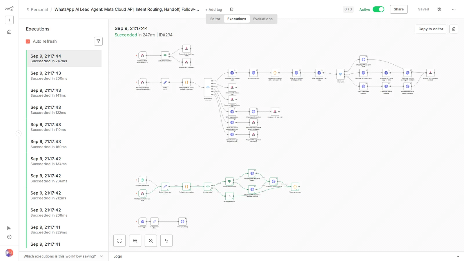 Follow up run: quiet chats nudged, template used outside the 24 hour window, opted out chats skipped.